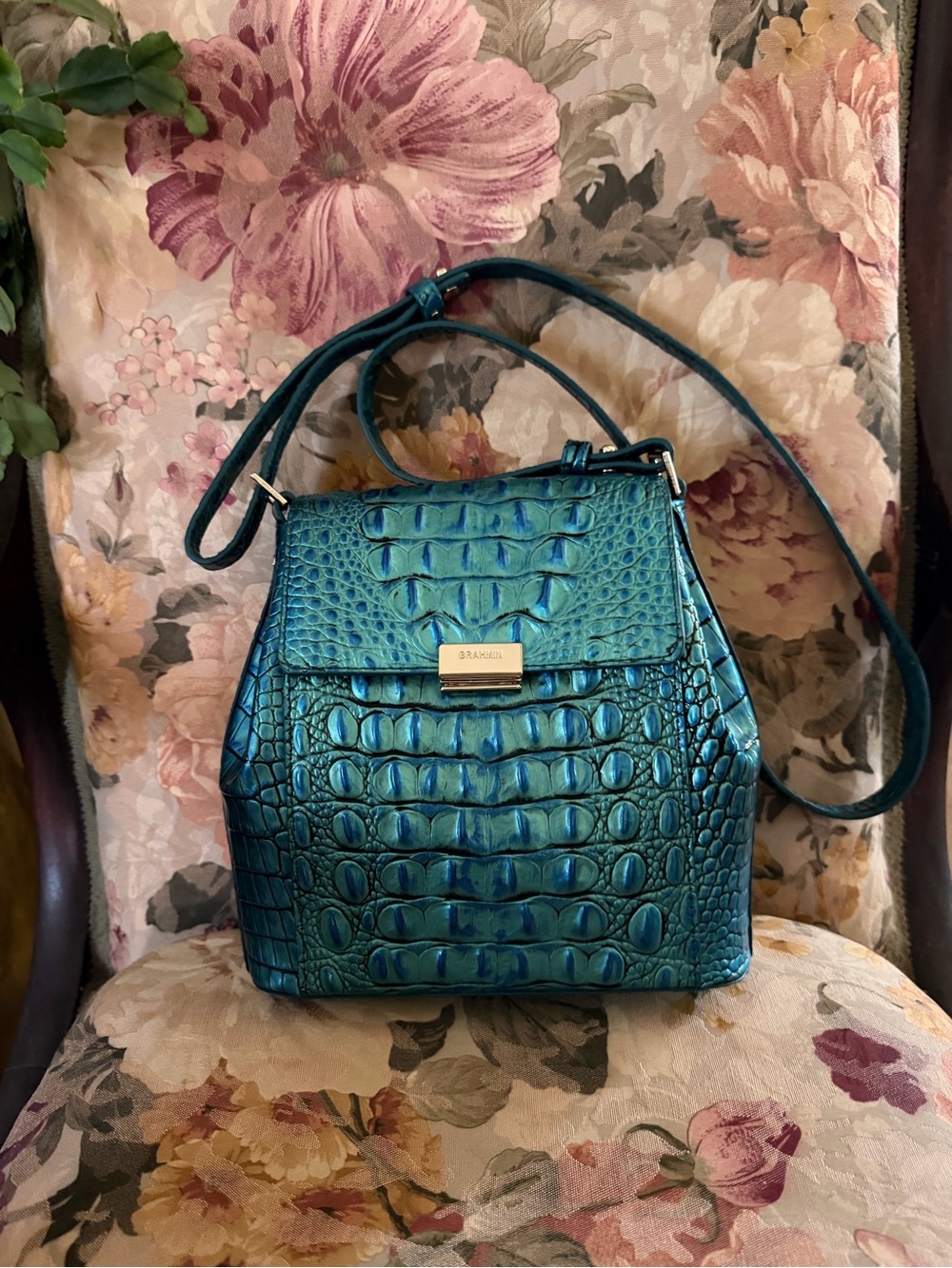 Brahmin Teal Croc-Embossed Leather Crossbody Bag with Gold Hardware